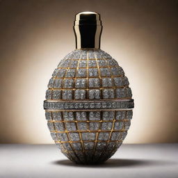 A luxurious hand grenade adorned with gleaming diamonds, sparkling under soft light, creating a contrasting visual of danger and opulence.