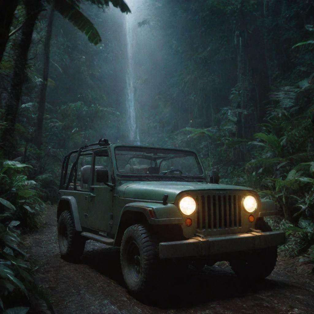 Revise the image to portray Alan Grant and John Hammond driving in the Jurassic Park Jeep through Isla Nublar's jungle to a well-lit, futuristic Visitor Center at night.