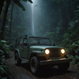 Revise the image to portray Alan Grant and John Hammond driving in the Jurassic Park Jeep through Isla Nublar's jungle to a well-lit, futuristic Visitor Center at night.