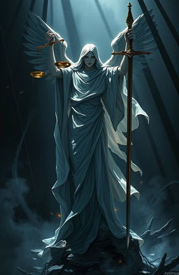 A dramatic and striking scene depicting the theme of justice, heavily inspired by the artwork of Aesthyqa
