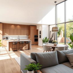 A beautifully designed living room with an integrated kitchen, fitting perfectly into a space of 7x9 meters