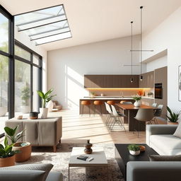 A beautifully designed living room with an integrated kitchen, fitting perfectly into a space of 7x9 meters