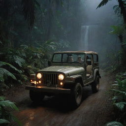 Revise the image to portray Alan Grant and John Hammond driving in the Jurassic Park Jeep through Isla Nublar's jungle to a well-lit, futuristic Visitor Center at night.