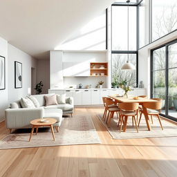 A cozy Nordic-style living-dining area with an integrated kitchen, occupying a space of 7x9 meters