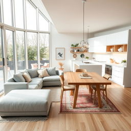 A cozy Nordic-style living-dining area with an integrated kitchen, occupying a space of 7x9 meters