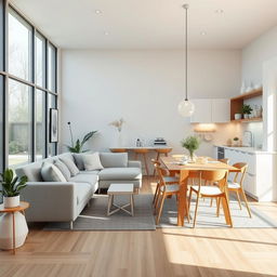 A cozy Nordic-style living-dining area with an integrated kitchen, occupying a space of 7x9 meters