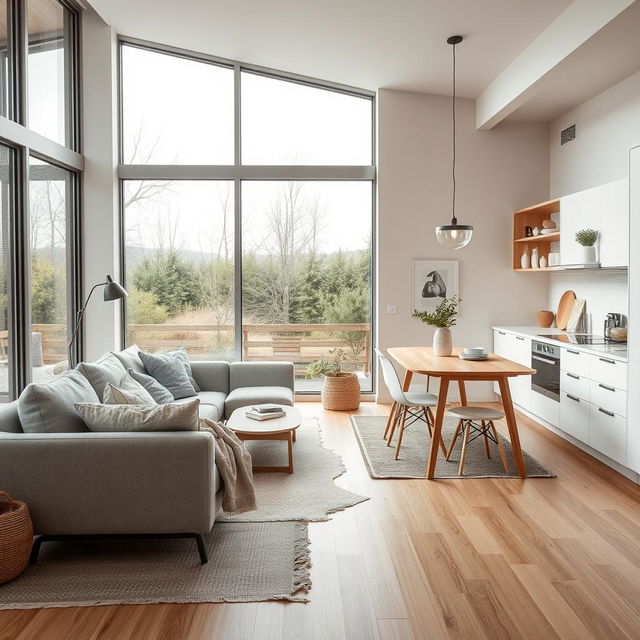 A cozy Nordic-style living-dining area with an integrated kitchen, occupying a space of 7x9 meters