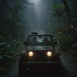 Revise the image to portray Alan Grant and John Hammond driving in the Jurassic Park Jeep through Isla Nublar's jungle to a well-lit, futuristic Visitor Center at night.