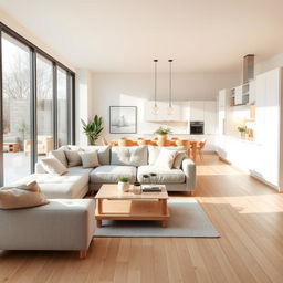 A beautifully designed Nordic-style living dining room with an integrated kitchen, set in a 7x9 meter space