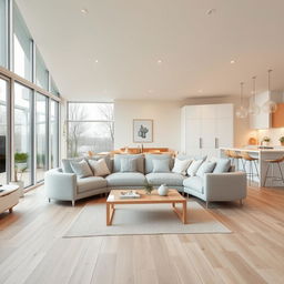 A beautifully designed Nordic-style living dining room with an integrated kitchen, set in a 7x9 meter space