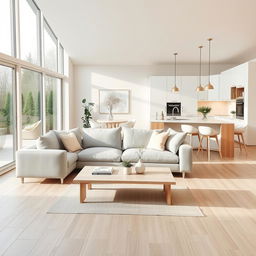 A beautifully designed Nordic-style living dining room with an integrated kitchen, set in a 7x9 meter space