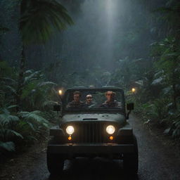 Revise the image to portray Alan Grant and John Hammond driving in the Jurassic Park Jeep through Isla Nublar's jungle to a well-lit, futuristic Visitor Center at night.