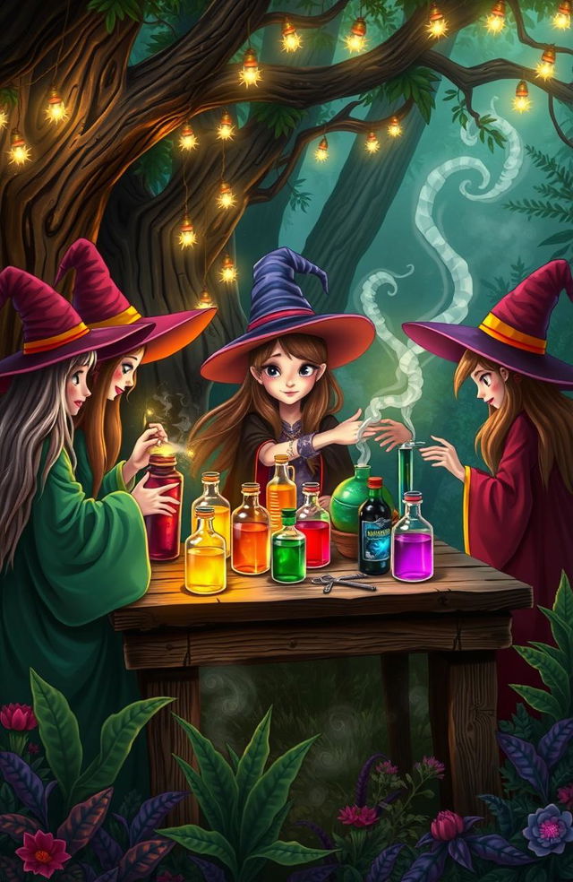 A whimsical scene from a magical world, featuring a gathering of witches in an enchanting forest