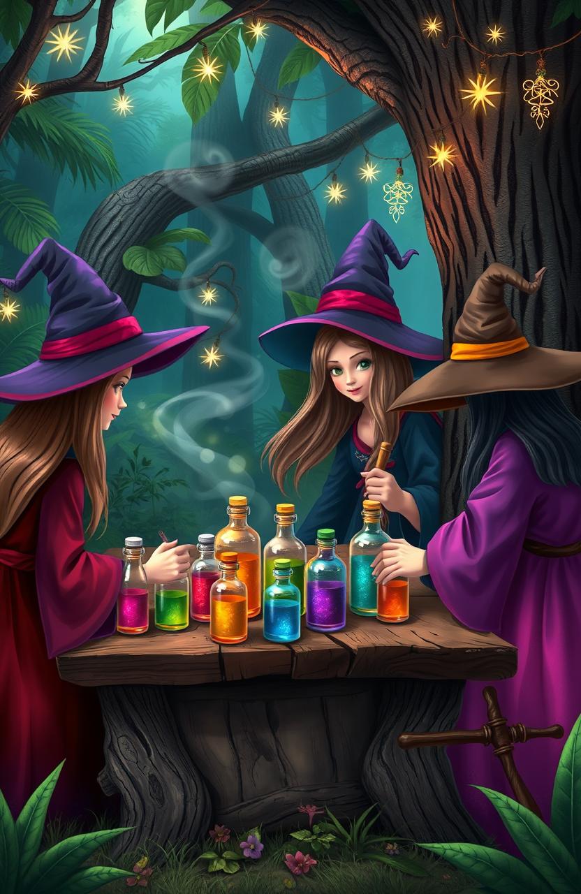 A whimsical scene from a magical world, featuring a gathering of witches in an enchanting forest