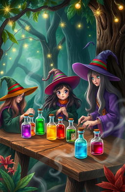 A whimsical scene from a magical world, featuring a gathering of witches in an enchanting forest