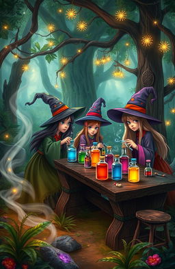 A whimsical scene from a magical world, featuring a gathering of witches in an enchanting forest