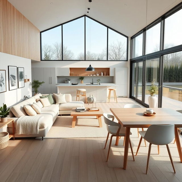 A cozy and inviting nordic-style open concept living room and dining area with an integrated kitchen, all beautifully arranged in a 7x9 meter space