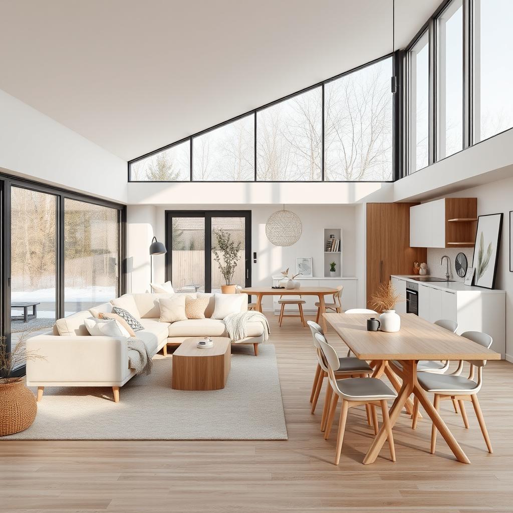 A cozy and inviting nordic-style open concept living room and dining area with an integrated kitchen, all beautifully arranged in a 7x9 meter space