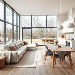 A cozy and inviting nordic-style open concept living room and dining area with an integrated kitchen, all beautifully arranged in a 7x9 meter space