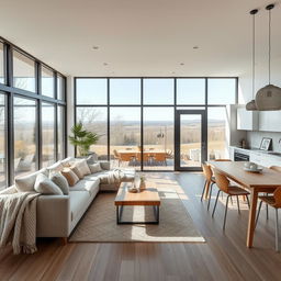 A cozy and inviting nordic-style open concept living room and dining area with an integrated kitchen, all beautifully arranged in a 7x9 meter space