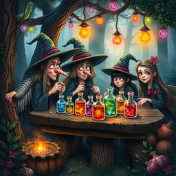 A whimsical scene depicting a gathering of witches in an enchanting forest, where the witches, characterized by their quirky and unique looks, have pointed noses and expressive, exaggerated features