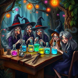 A whimsical scene depicting a gathering of witches in an enchanting forest, where the witches, characterized by their quirky and unique looks, have pointed noses and expressive, exaggerated features