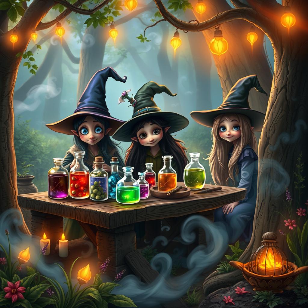 A whimsical scene depicting a gathering of witches in an enchanting forest, where the witches, characterized by their quirky and unique looks, have pointed noses and expressive, exaggerated features