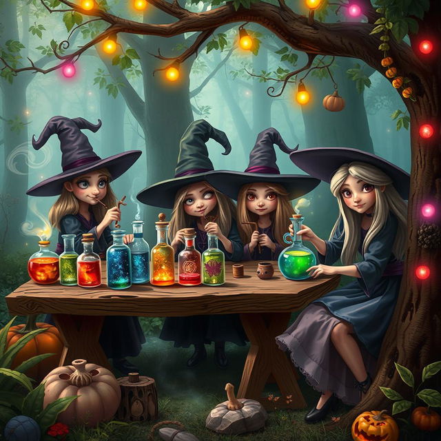 A whimsical scene depicting a gathering of witches in an enchanting forest, where the witches, characterized by their quirky and unique looks, have pointed noses and expressive, exaggerated features