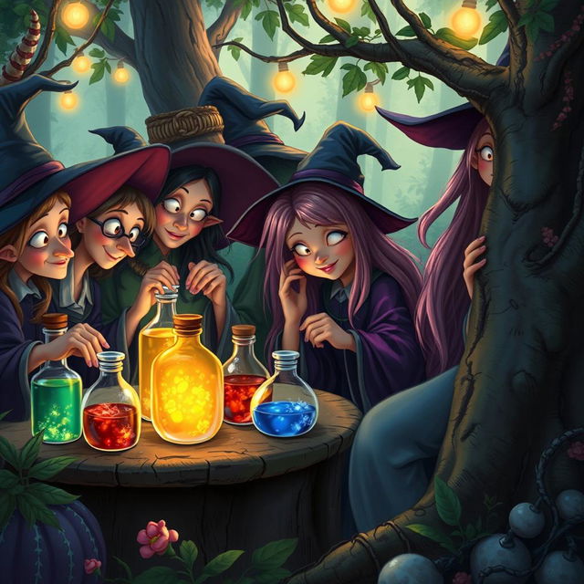 A whimsical scene depicting a gathering of witches in an enchanting forest, with the witches busily making potions while examining various colorful bottles filled with shimmering liquids