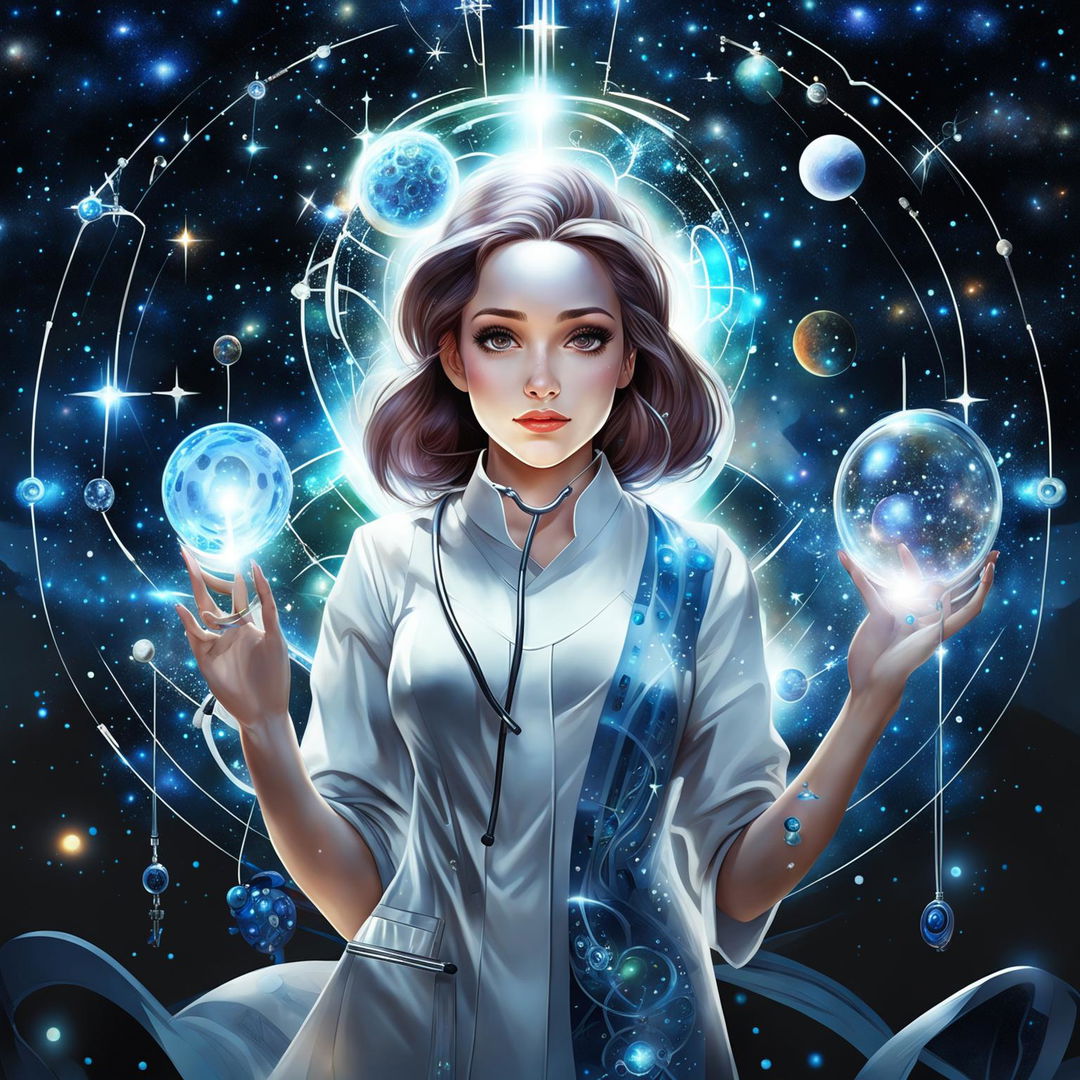 Cinematic digital art of a godlike female doctor with galaxies in her eyes, interacting with holographic screens of scientific data, wearing a detailed modern stethoscope around her neck, holding a syringe and an otoscope in a modern hospital blended with a cosmic landscape.