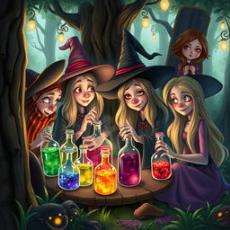 A whimsical scene depicting a gathering of witches in an enchanting forest, with the witches busily making potions while examining various colorful bottles filled with shimmering liquids