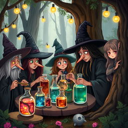 A whimsical scene depicting a gathering of witches in an enchanting forest, with the witches busily making potions while examining various colorful bottles filled with shimmering liquids