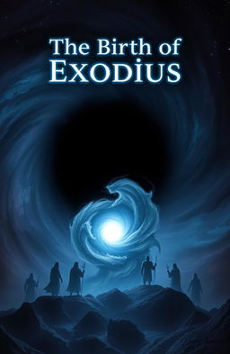 A cosmic landscape dominated by a swirling void, featuring a deep black center surrounded by shades of dark blue and purple, symbolizing primordial chaos