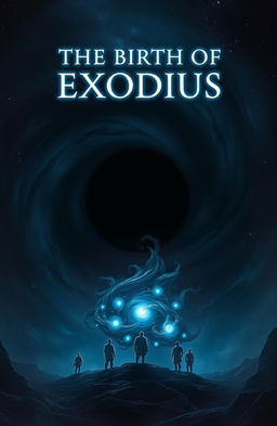 A cosmic landscape dominated by a swirling void, featuring a deep black center surrounded by shades of dark blue and purple, symbolizing primordial chaos