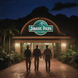 Modify the image to depict Alan Grant and John Hammond arriving at the brightly lit Visitor Center of Jurassic Park, with its iconic logo glowing prominently against the night.