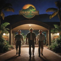 Modify the image to depict Alan Grant and John Hammond arriving at the brightly lit Visitor Center of Jurassic Park, with its iconic logo glowing prominently against the night.