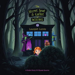 A captivating and slightly spooky book cover design for a children's story titled 'The Secret Society of Witches