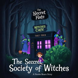 A captivating and slightly spooky book cover design for a children's story titled 'The Secret Society of Witches
