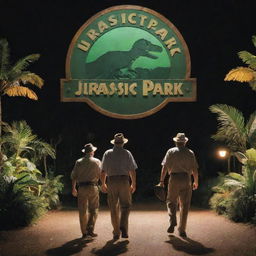 Modify the image to depict Alan Grant and John Hammond arriving at the brightly lit Visitor Center of Jurassic Park, with its iconic logo glowing prominently against the night.