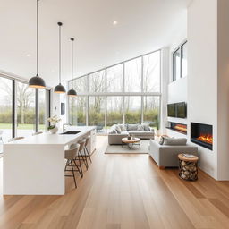 A Scandinavian-style dining and living area measuring 7x9 meters featuring an integrated kitchen with a white and beech island and peninsula, with white being the predominant color