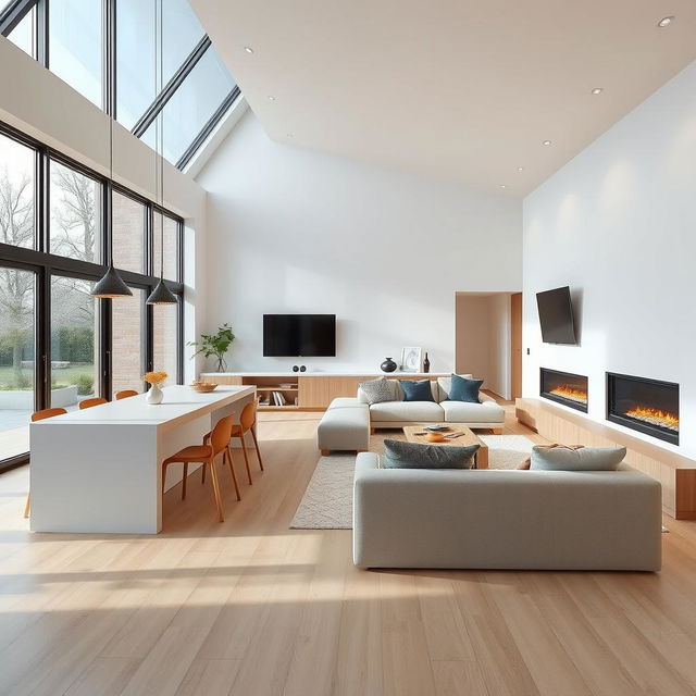 A Scandinavian-style dining and living area measuring 7x9 meters featuring an integrated kitchen with a white and beech island and peninsula, with white being the predominant color