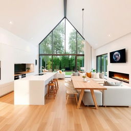 A Scandinavian-style dining and living area measuring 7x9 meters featuring an integrated kitchen with a white and beech island and peninsula, with white being the predominant color