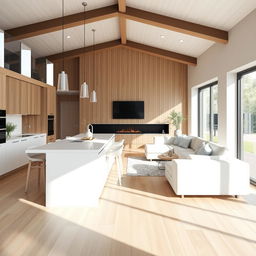 A Scandinavian-style dining and living area measuring 7x9 meters featuring an integrated kitchen with a white and beech island and peninsula, with white being the predominant color