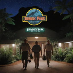 Modify the image to depict Alan Grant and John Hammond arriving at the brightly lit Visitor Center of Jurassic Park, with its iconic logo glowing prominently against the night.