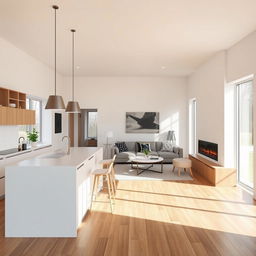 A Scandinavian-style living and dining area measuring 7x9 meters, featuring an integrated kitchen with a white and beech island and peninsula, where white is the dominant color