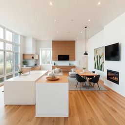A Scandinavian-style living and dining area measuring 7x9 meters, featuring an integrated kitchen with a white and beech island and peninsula, where white is the dominant color