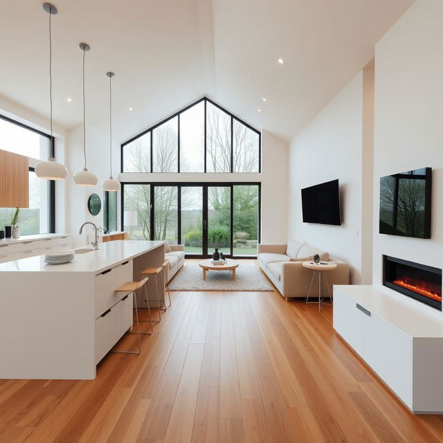 A Scandinavian-style living and dining area measuring 7x9 meters, featuring an integrated kitchen with a white and beech island and peninsula, where white is the dominant color