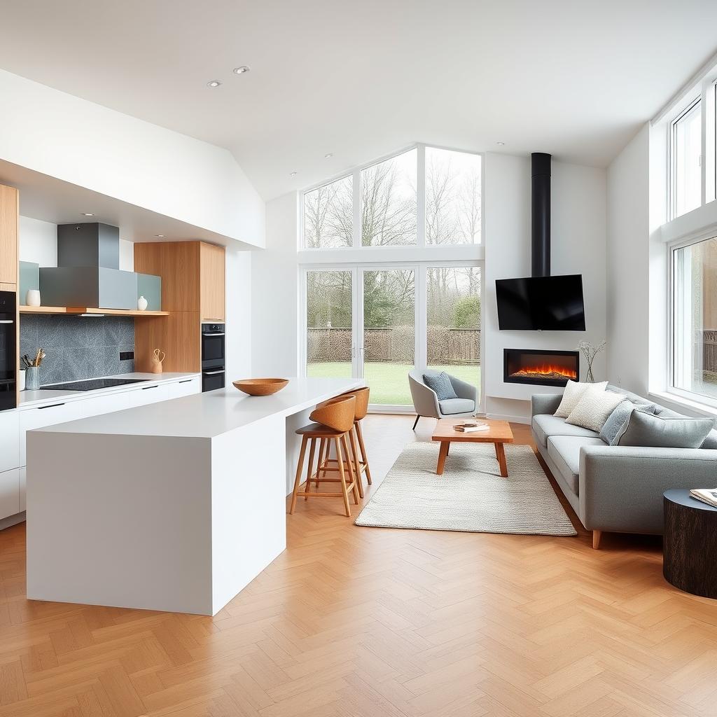 A Scandinavian-style living and dining area measuring 7x9 meters, featuring an integrated kitchen with a white and beech island and peninsula, where white is the dominant color