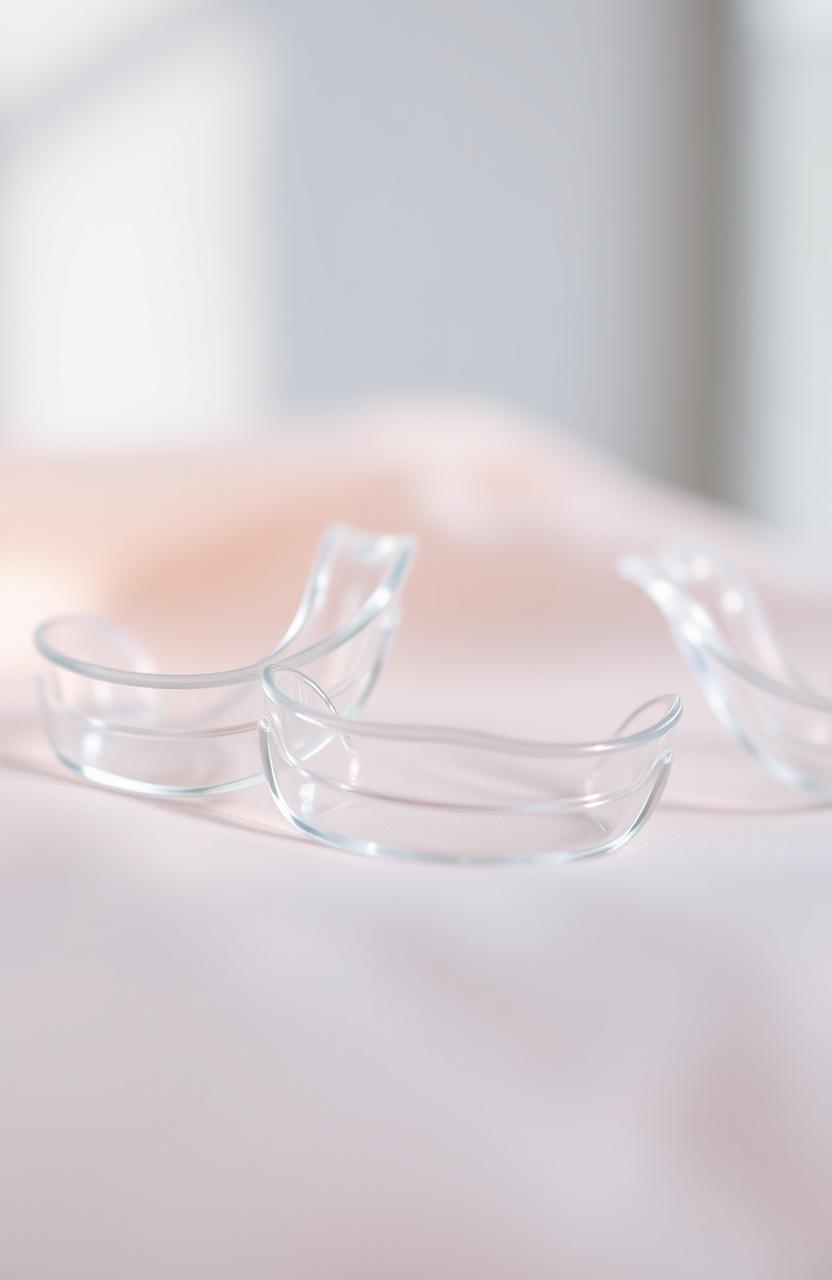 A close-up display of clear aligners beautifully arranged on a soft, delicate surface, showcasing their transparent design and sleek appearance