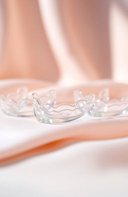 A close-up display of clear aligners beautifully arranged on a soft, delicate surface, showcasing their transparent design and sleek appearance